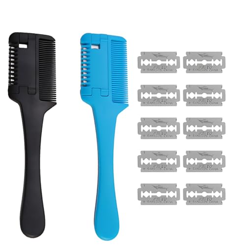 Peine de corte profesional, Kit de Peine para Adelgazar el Cabello de 2 Piezas, herramienta de corte de pelo de doble cara con 10 cuchillas de repuesto para adultos, niños, corte de pelo en casa