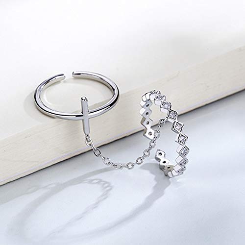 Double Open Cross Faith Rings for Women Silver Plated CZ Geometric Chain Unique knuckle Stacking Finger Adjustable Statement Engagement Ring Gifts for Her Bff Xmas2