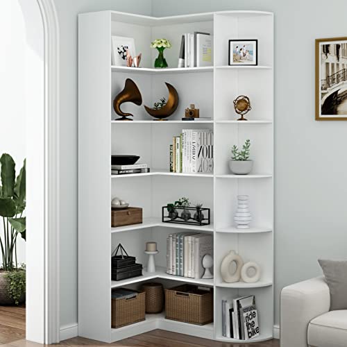 Loomie White Book Shelf, 6 Tiers Shelf Large Tall Corner Etagere Bookcase With Full Baffle, L-Shaped Modern Storage Display Industrial Bookshelves For Bedroom, Home Office, Living Room & Kitchen #TOP4