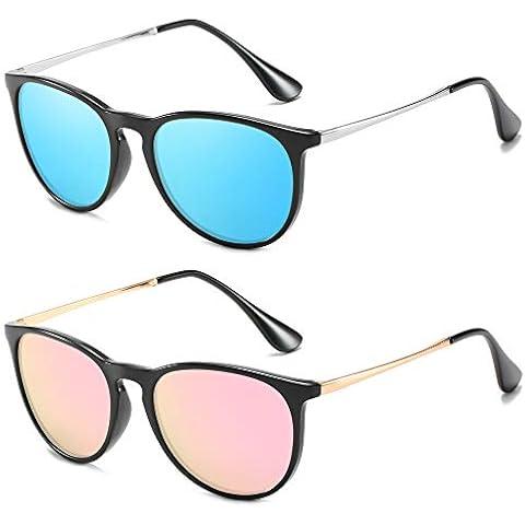 ProudDemon 2 pack Men's Polarized Retro Sunglasses Daily Outdoor Activities UV400 Protection Eyewear Pink and Blue Mirrored Lens Cover