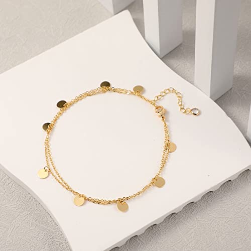 Ascomy 14K Gold Plated Ankle Bracelets For Women Tiny Cute Two Layered Disc Link Cable Chain Anklet Dainty Simple Anklets For Teen Girls Minimalist Summer Beach Foot Chain Gold Anklet Jewelry Gifts #TOP5