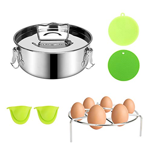 Flan Mold with Lid, BicycleStore 5 Pcs Stainless Steel Pressure Cooker Steamer Set with Easy Lift Handle Pan Molds Pot Accessories Set with Silicone Pad and 2 Oven Mitts for 6 Quart Pot Steamer