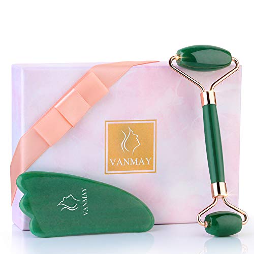 VANMAY Natural Jade Roller for Face and Gua Sha Face Massager Face Roller Set, Rose Quartz Face Roller | Jade Face Roller for Wrinkles, Anti Aging Facial Roller, Skin Roller for Face, Beauty Tools