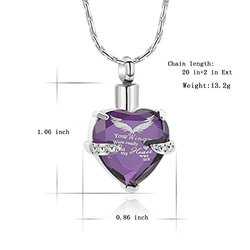 constantlife Heart Cremation Necklace for Ashes - Angel Wings Pattern Crystal Pendant Urn Memorial Jewelry - Engraved Your Wings were Ready But My Heart was Not3