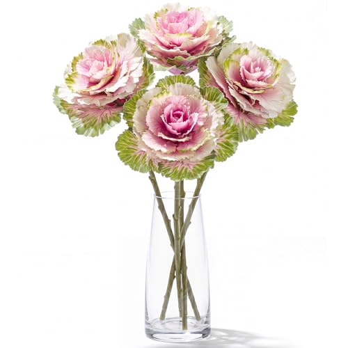 Hotop 4 Pcs Artificial Faux Cabbage Rose Flowers 16 Inches Fake Vegetable Floral Plants Outdoor Silk Flower Branch Props for Home Kitchen Wedding Office Desk Decoration(Pink)