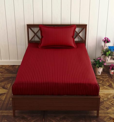Image of KAWI Single Bedsheet Elastic Fitted Glace Cotton with 1 Pillow Cover,200 TC (Size 72X48X up to 8 Inches Mattress) - Red Stripe Print