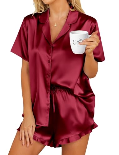 Image of HOTOUCH Womens Satin Pajamas Set Button Down 2 Piece Silk Pjs Shorts Set Ruffle Lingerie Notch Collar Sleepwear