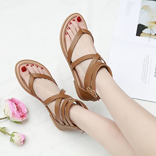 Shibever Women's Gladiator Sandals Summer Flat Thong Cross Strappy Sandals Trendy Roman Shoes With Zipper Brown 7 #TOP4