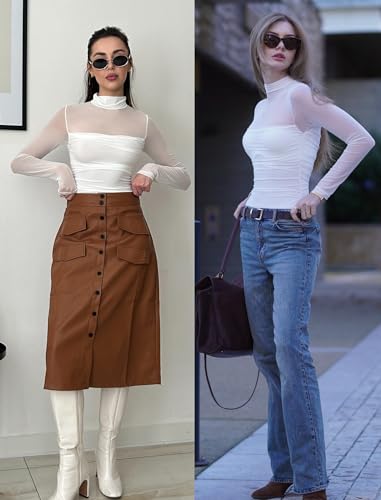 Image of Avidlove Women Long Sleeve Bodysuit Turtle Neck Shapewear Body Suits Mesh One Piece Leotard Shirt Going Out Tops Fall Outfits
