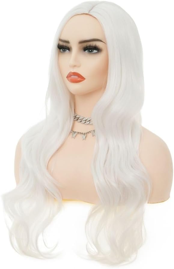 Salaibs White Long Curly Wigs for Women Side Part Wavy Cosplay Synthetic Hair Wig for Halloween Costume Party Use - Image 4