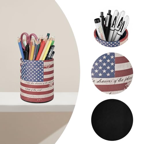 Image of Pen Pencil Holder Cup Container PU Leather Desk Organizer Stand Decor Brush Scissor Holder Decoration Office Desk Home School (3.3 inch x 3.3 inch x 4 inch, US Flag)