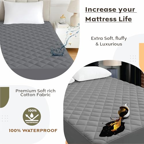 Image of Ayka 100% Waterproof Mattress Protector King Size 78x72 Cotton Quilted Bed Protector King Size Breathable Noiseless Ultra Soft | Elastic Fitted Mattress Cover | Bed Cover -6.5x6 ft, Grey