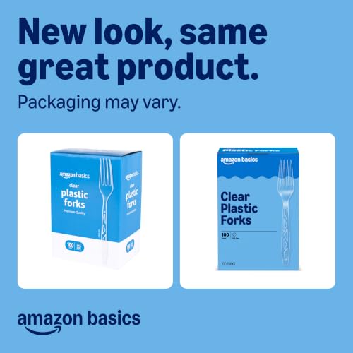 Image of Amazon Basics Disposable Clear Plastic Forks, Premium Quality, 100 Count, Large Pack, Packaging May Vary