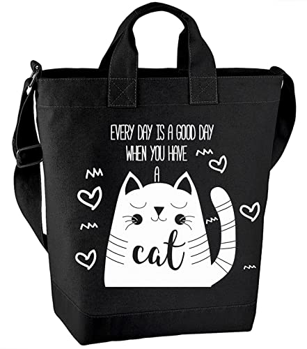Einkaufstasche mit Katzenmotiv - Shopper - Tasche - Umhängetasche - Strandtasche mit Innenfach - 15l - Motiv: Every day ist a good day - Farbe: schwarz Cover