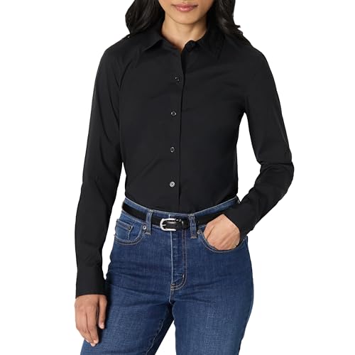 Amazon Essentials Camisa de Vestir Ajustada con Botones de Popelina Elástica Mujer, Negro, M