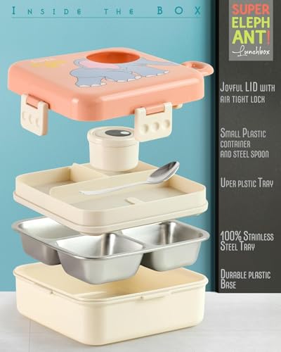 Image of PRIME DEALS BPA-Free Leak-Resistant Stainless Steel Insulated Tiffin for School with Spoon Elephant Lunch Box for Kids Bento Box with Tray & Container | 1120ml + 70ml (Pink, Elephant)