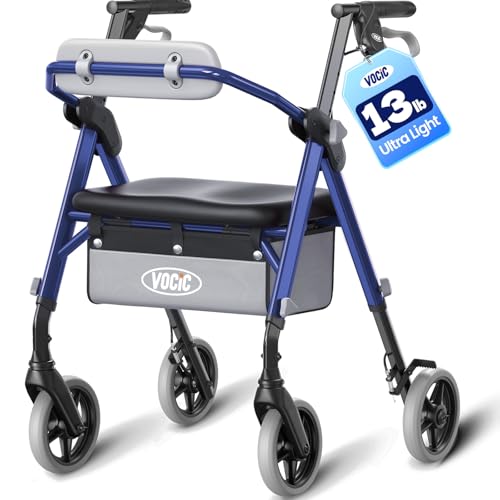Image of VOCIC Z12 Walker for Seniors with Seat, 13.4 LBS Ultra Light, 350 LBS | Ergo Seat & Backrest for Comfort, Height Adjustable & Easily Foldable for Seniors, All Terrain Wheels, Silver