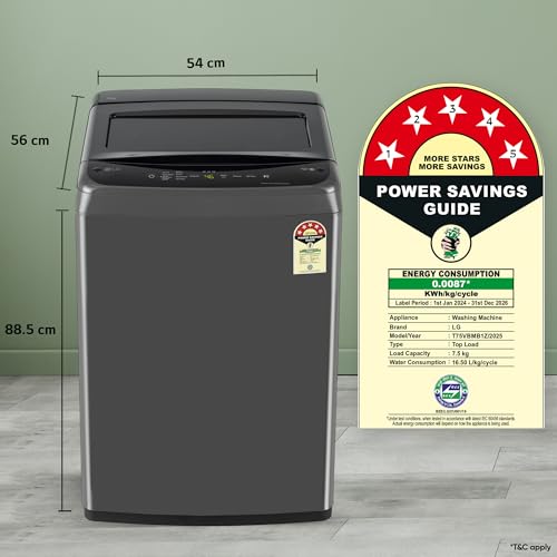 Image of LG 7.5 Kg 5 Star Smart Inverter Technology Fully Automatic Top Load Washing Machine (T75VBMB1Z, Auto Prewash, Turbodrum, Stainless Steel drum, LED Display, Smart Diagnosis, Middle Black)