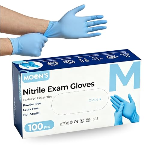 Moons Nitrile Exam Gloves 5 mil Blue Latex-Free Powder-Free Non-Sterile Best for House Chores and Cleaning Cooking Food Prep Restaurant Saloon Disposable Glove (100pcs x 1 Pack Medium)