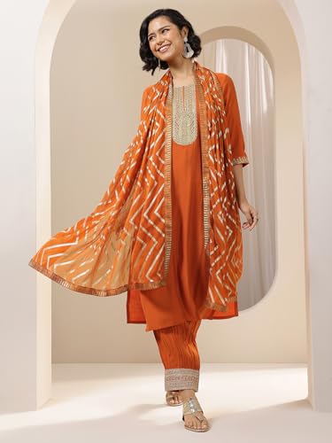 Image of Libas Embroidered Silk Blend Straight Kurta with Salwar and Dupatta