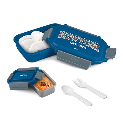 Image of MILTON Super Sherry Tiffin Lunch Box for Kids Boys & Girls with Leak-Proof Inner Container| Food Grade,BPA Free,Compact & Durable Snacks Box for Kids I Plastic Spoon & Fork, 780 ml, Blue