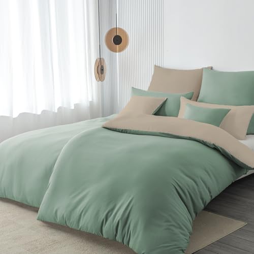 Nesture Bettwäsche 135x200 4teilig Mikrofaser, Pastellgrün/Warmes Beige | Bettbezug 2er + Kissenbezug 2er 80x80cm mit Reißverschluss, Bettwäsche-Sets Wendebettwäsche, weich & bügel