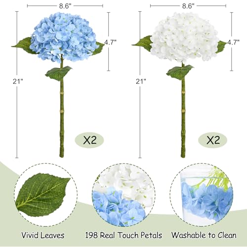 Image of Bassion 4 Pcs 21 inch Blue White Hydrangea Artificial Flowers for Decorations