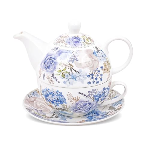 fanquare Blau Geblümt Tea for One Set Teetasse und Untertasse mit Blumenmuster, Elegante Erwachsene Porzellan Kaffeetassen Teekannen Set für Frühstück Tee Geschenk