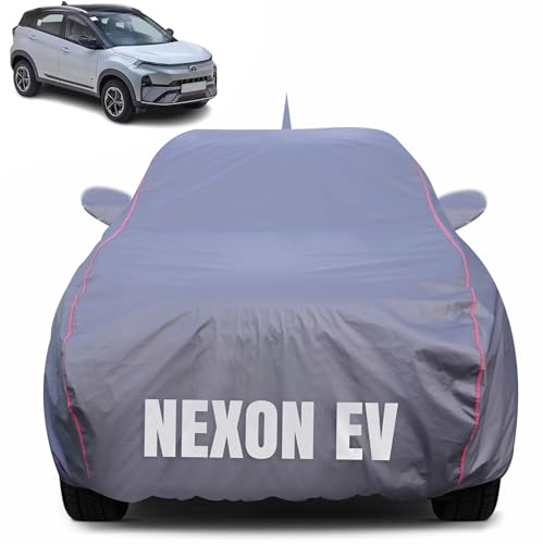 Image of 100% Waterproof Car Body Cover for Tata Nexon EV with Mirror Pocket (Heat & UV Resistant, Triple Stitched, Soft Lining, Bottom Elastic & Piping) Grey