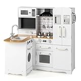 Costzon Corner Kids Kitchen Playset, 11-in-1 Wooden Toy Kitchen with Realistic Washing Machine, Microwave, Oven, Stove, Refrigerator, Water Dispenser, Range Hood, Telephone, Play Kitchen for Toddlers
