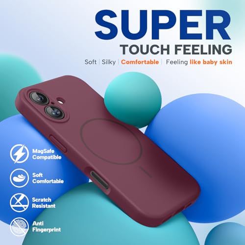 Image of Miracase Magnetic for iPhone 16 Plus Case, [Soft Anti-Scratch Microfiber Lining], Compatible with MagSafe, Liquid Silicone Shockproof Drop Protection Phone Case for 16 Plus,Wine Red