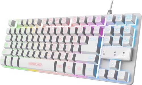 Trust Gaming GXT 833 W Thado TKL-tangentbord, tysk QWERTZ-layout, kompakt 80% USB-speltangentbord av metall, anti-ghosting, LED-belysning, återvunnet material, för PC, bärbar dator, Mac – vit