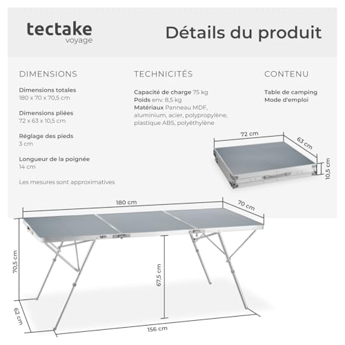 Table de camping pliante 180 cm idéale pour buffet de fête et mariage