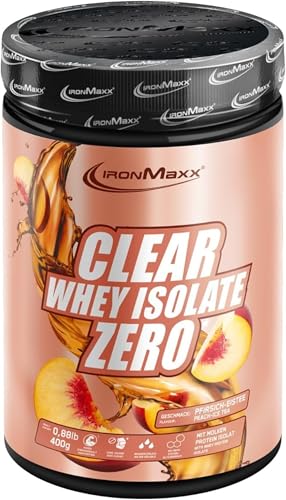 IronMaxx Clear Whey Isolate Zero - Pêche Ice Tea 400g | Whey Protein Isolate | Proteine Whey Sans Sucre | Clear Whey Boisson Protéinée | Shaker Proteine Zéro Sucre pour Musculation & Pre-Workout
