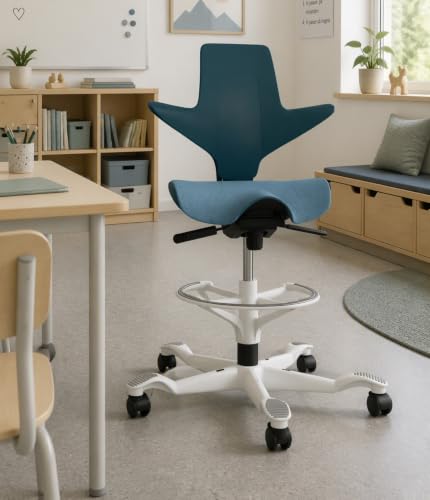 Image of HAG Capisco Puls Adjustable Sit to Stand Desk Chair-White Frame-Blue Plastic-Blue Full Cushion with Footring