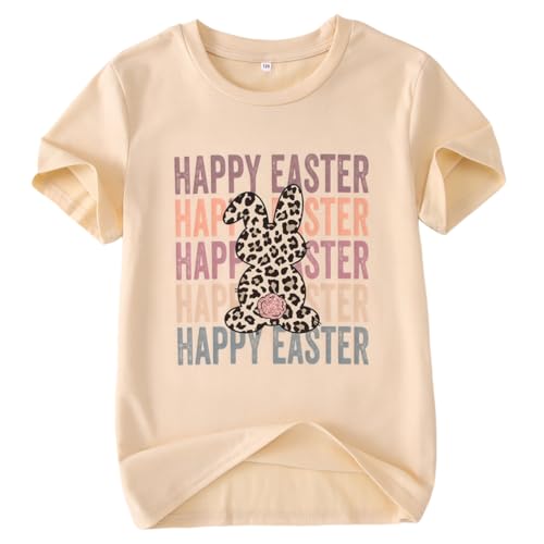 Kid Girls Easter Shirts Happy Easter T-Shirt Funny Leopard Bunny Outfit Short Sleeve Tees Tops Holiday Clothes 7-12Y