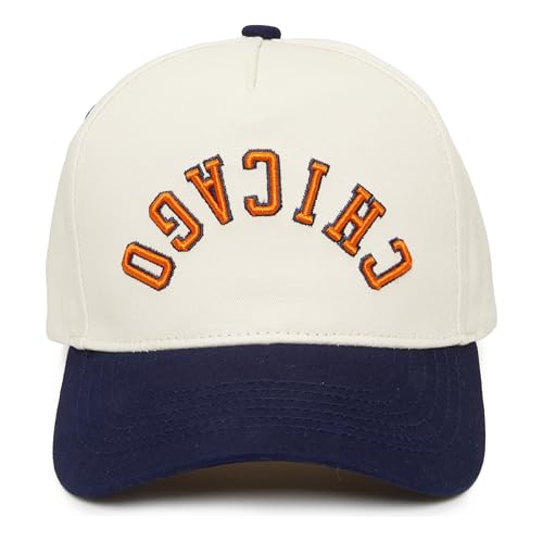 Funky Junque Retro Chicago Hat &ndash; Baseball Cap with Upside Down City Arched Embroidery &ndash; Unisex Adjustable Snapback for Football, Game Day, Tailgating &ndash; Chicago (Navy/Beige)