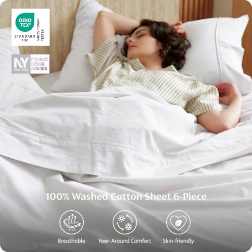 Image of Bedsure PureWoven 100% Washed Cotton Sheets Queen, Linen-Like Feel, 6PCS | Cotton Percale Sheets, Breathable & Relaxed, 18 inch Deep Pocket, Rustic Minimalist Farmhouse Style, Effortlessly Care, White
