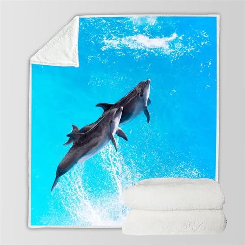 RFFLUX 3D Delphin Kuscheldecke 130x150 cm Microfaser Flanell Decke Delphin Wohndecke Sommer Leichte Weiche Winter Warme Blanket Tagesdecke Sofadecke Couchdecke（Stil 53-15）