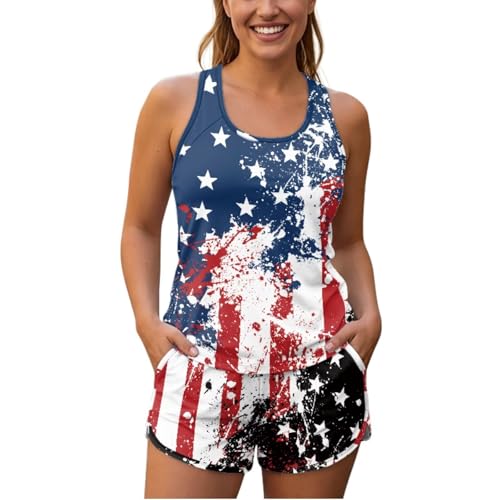 Cndexd 2026 Women's Two Piece USA Tie-Dye Tankini Swimsuit Tummy Control Plus Size Sporty Bathing Suits Blouson Tank Tops with Board Shorts for Cruise Trip Resort Stay