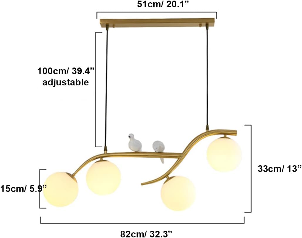 Lampadario a 4 luci in Vetro opalino Dorato Stile Mid-Century Modern per Tavolo da Pranzo, Stile Rustico, Nero, a Sospensione lineare Lunga, con Uccelli nordici, Lampada da soffitt