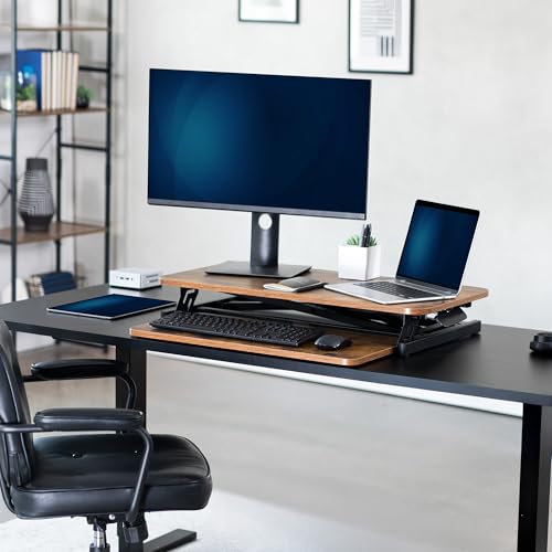 Image of VIVO Rustic Vintage Brown 32 inch Standing Desk Riser, DESK-V000SN | Height Adjustable, Stand Up Desk Converter, Quick Sit to Stand, Tabletop Dual Monitor Riser Workstation, Minimal Assembly