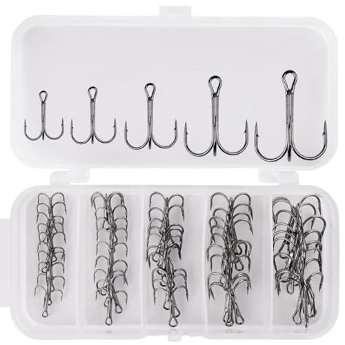 50Pcs Round Bend Treble Hook Set High Carbon Steel Heavy Duty Fishing Tackle Set
