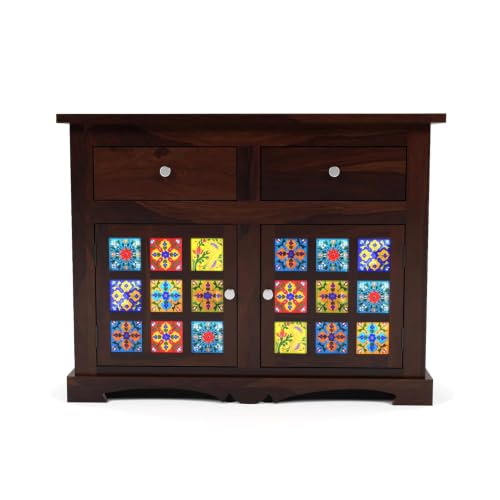 Image of Sheesham Wood Sideboard Cabinet for Living Room - Solid Wooden Storage Cabinet with 2 Drawers & 4 Shelves - Multipurpose Sideboard for Bedroom Dining & Home Furniture (Jack)