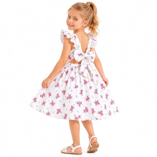 Image of Girls Floral Dress Square Neck Ruffle Sleeve Bow Back Twirl Cotton Dress