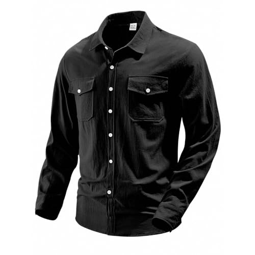 Xiaojmake Men's Cotton Linen Shirts Autumn Casual Western Cowboy Long Sleeve Button Down Shacket Jackets with 2 Flap Pockets3