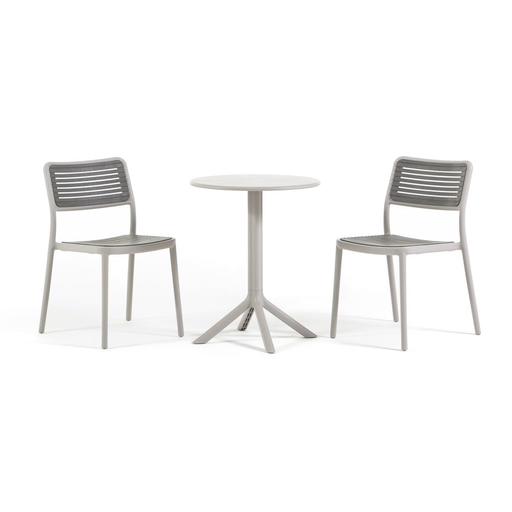 SIEDITI FUORI E DENTRO Set bistrò da balcone tavolino rotondo Ø60 cm in polipropilene e 2 sedie in polipropilene impilabili, set salvaspazio per veranda e giardino - Elia & Molly (Grigio)