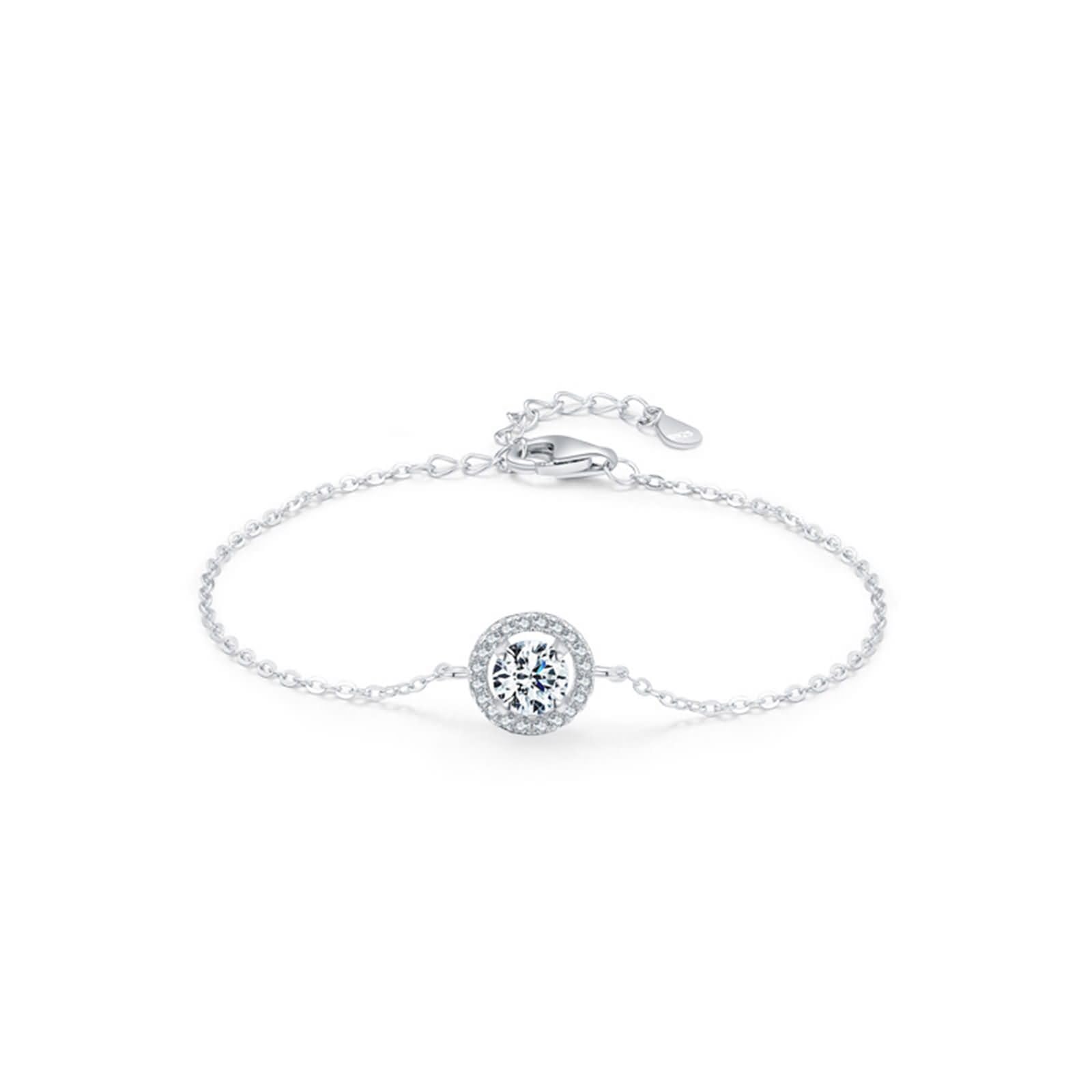 Bracciale Oro Bianco 9 K / 14 K / 18 K 750 per Donna, Catena con Rotondo e Diamante Creato, Regolabile 16 CM + 5 CM, Bracciali Donna Argento