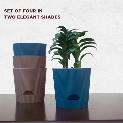 Image of GYOPOTS Self-Watering 11.5 cm Flower Pot for Living Room and Home Decor | Premium Ribbed Texture with self-watering system | Pack of 4 (2 Blue + 2 Brown) with Free Cocopeat | For Indoor & Outdoor Use