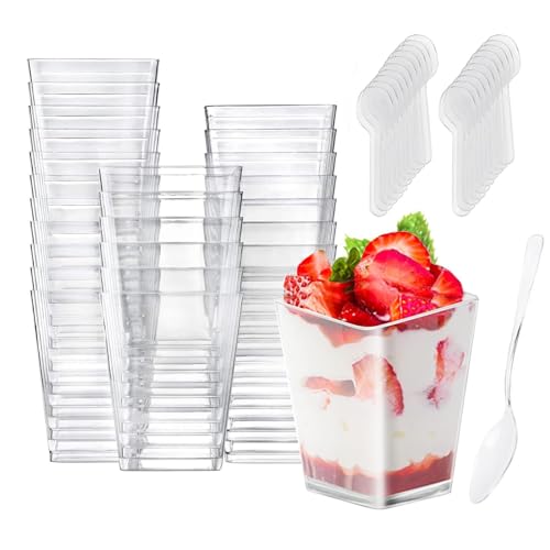 HUOGEE 50 Stück Desserttasse mit 50 Stück Löffeln, 200ml/220ml Dessertbecher Klare Dessertschalen Wiederverwendbar Desserttassen Runden Becher für Zuhause Desserts Pudding Mousse Eis Party (200ml)